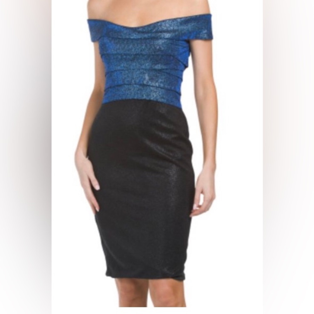 NWT RENE RUIZ Metallic Blue & Black Cocktail Off Shoulder Dress Size 10 $499